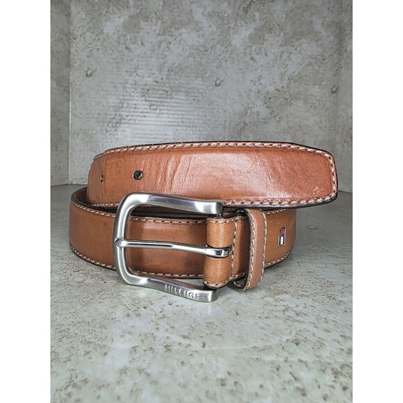 Tommy Hilfiger Tan Belt Sz 36 Genuine Leather Western Cowboy Silver Tone Buckle - Picture 1 of 6